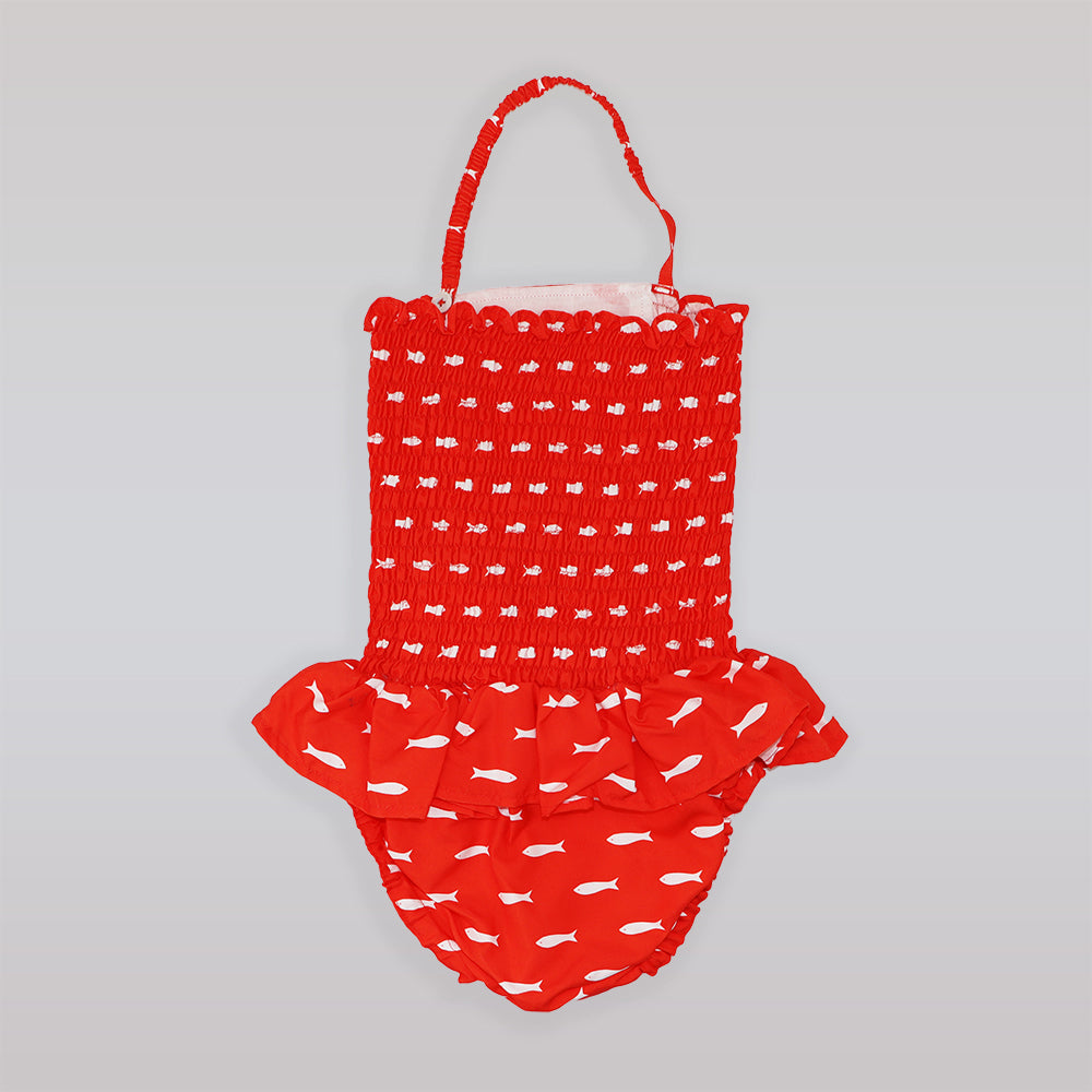 Rachel Riley Girls Red Fish Print Ruched One-Piece Swimsuit