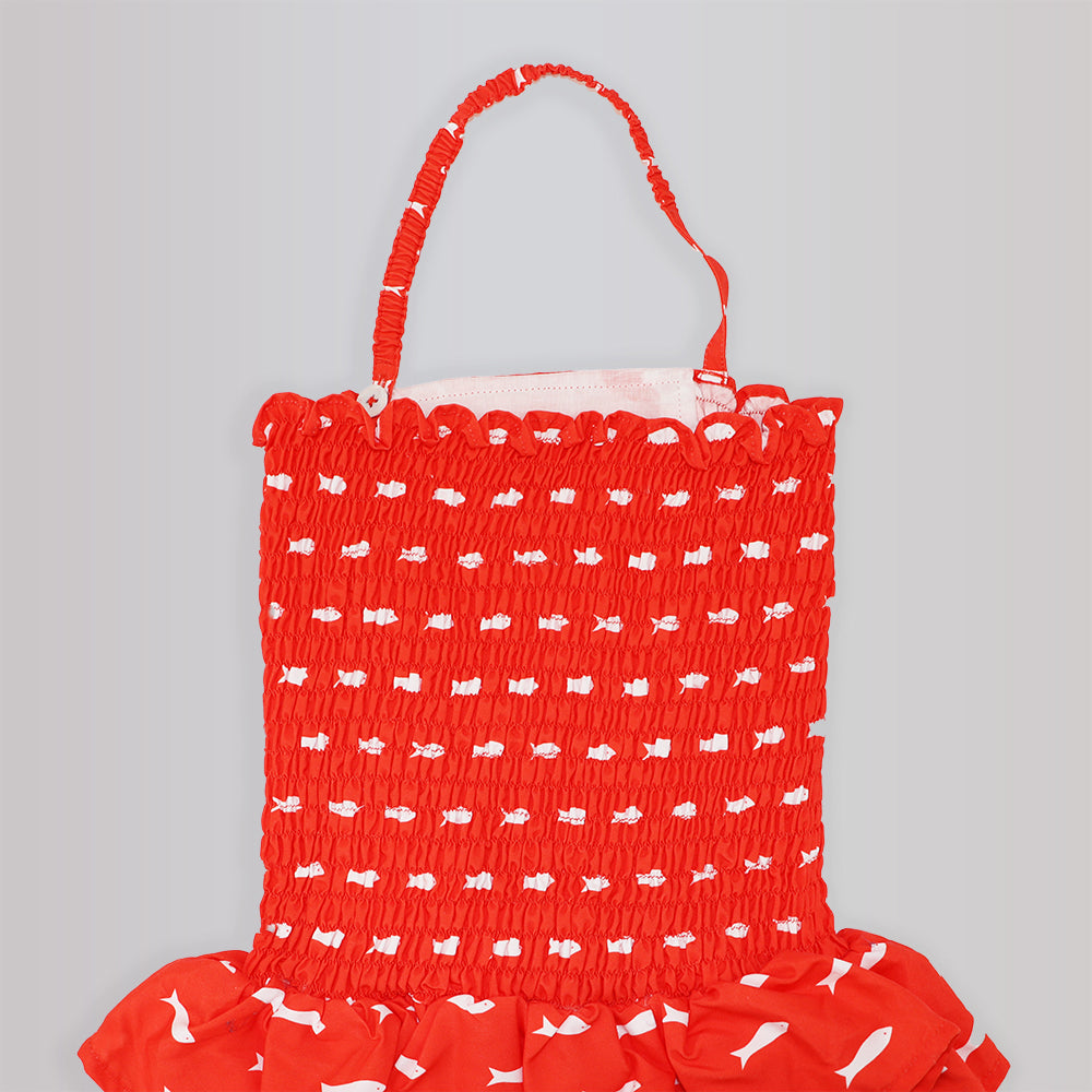Rachel Riley Girls Red Fish Print Ruched One-Piece Swimsuit