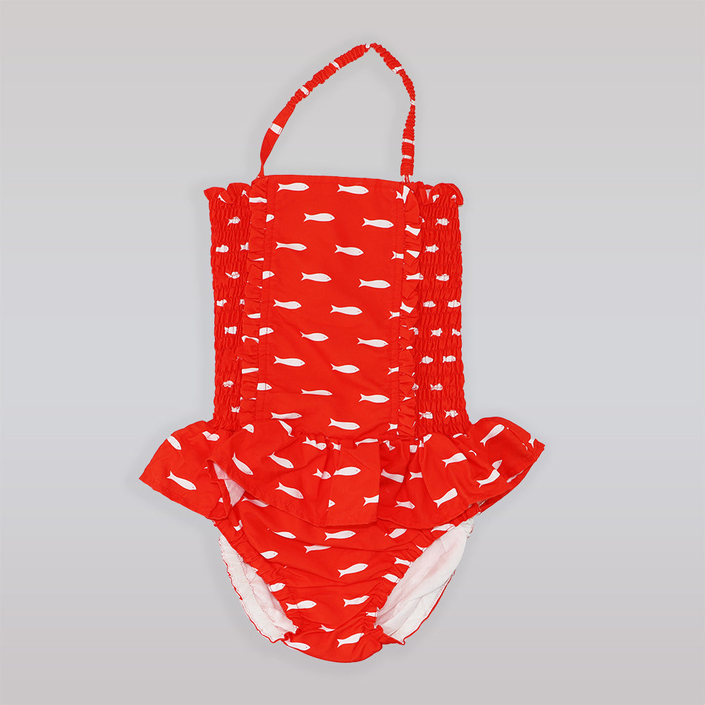 Rachel Riley Girls Red Fish Print Ruched One-Piece Swimsuit
