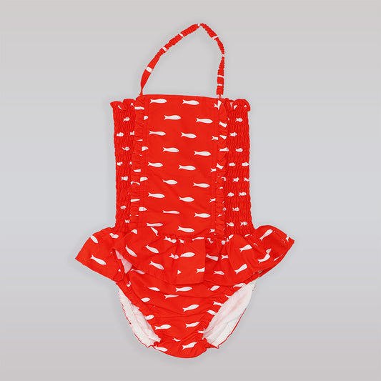 Rachel Riley Girls Red Fish Print Ruched One-Piece Swimsuit