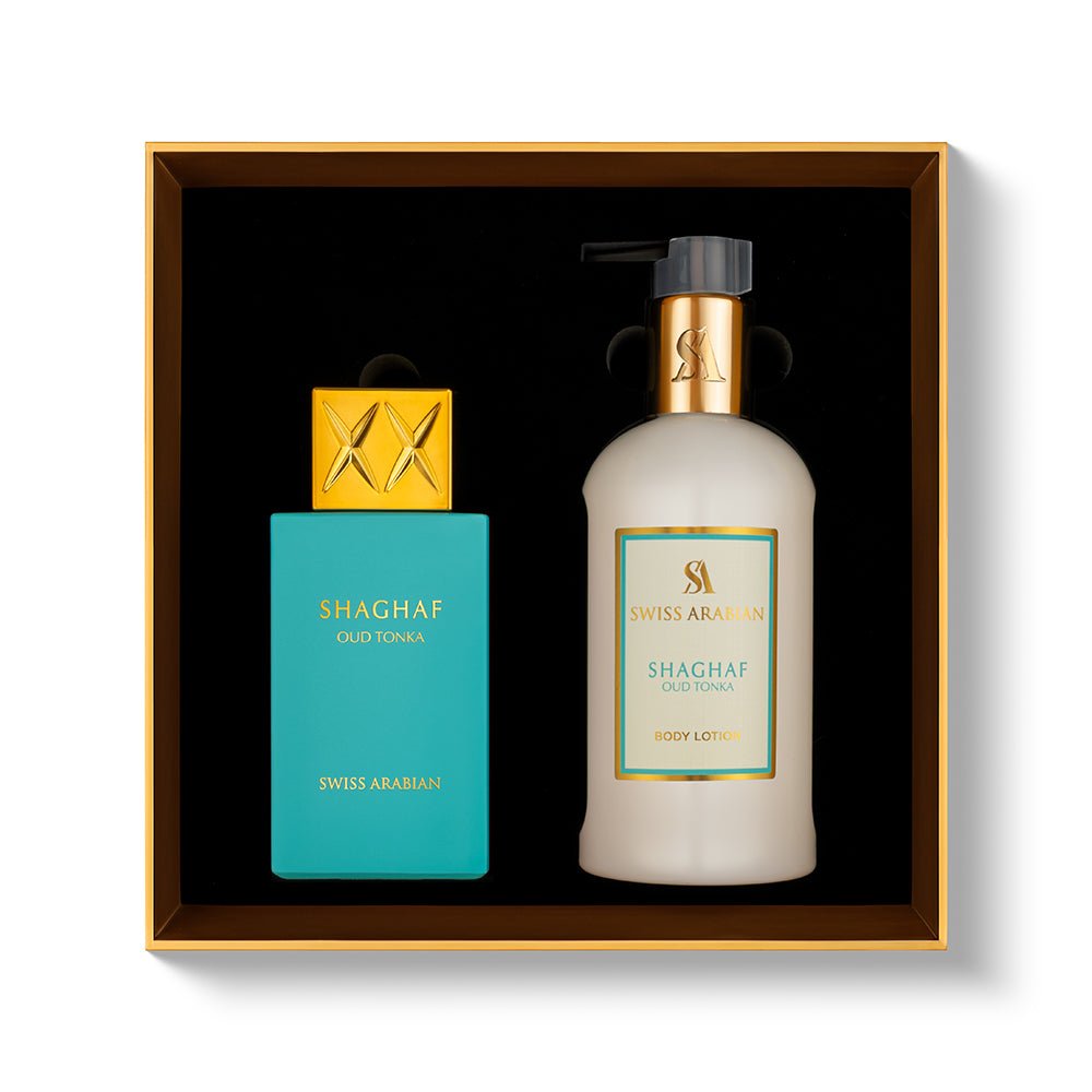 Swiss Arabian Shaghaf Oud Tonka Eau de Parfum and Lotion Set