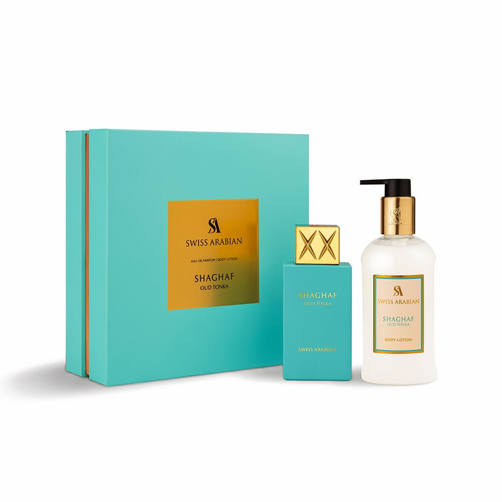 Swiss Arabian Shaghaf Oud Tonka Eau de Parfum and Lotion Set