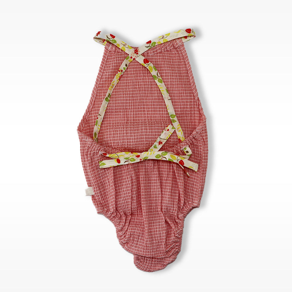 Les Enfantines Girls Pink Seersucker Papillon Bow One Piece Swimsuit