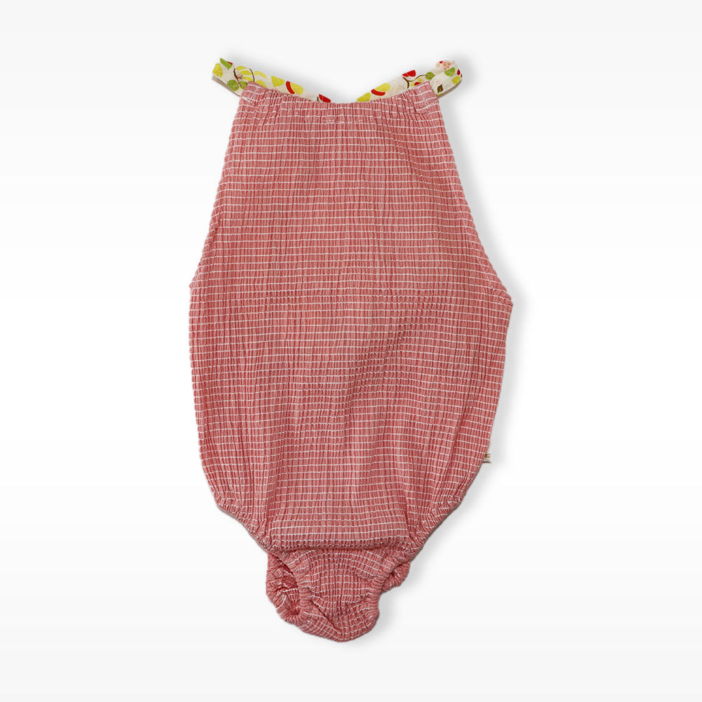 Les Enfantines Girls Pink Seersucker Papillon Bow One Piece Swimsuit