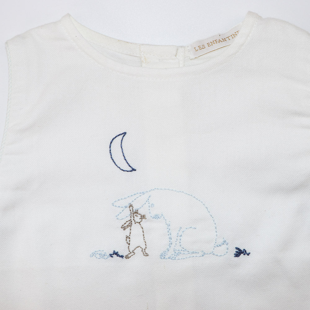 Les Enfantines Sky Blue Chouette Owl Embroidered Baby Cotton Romper