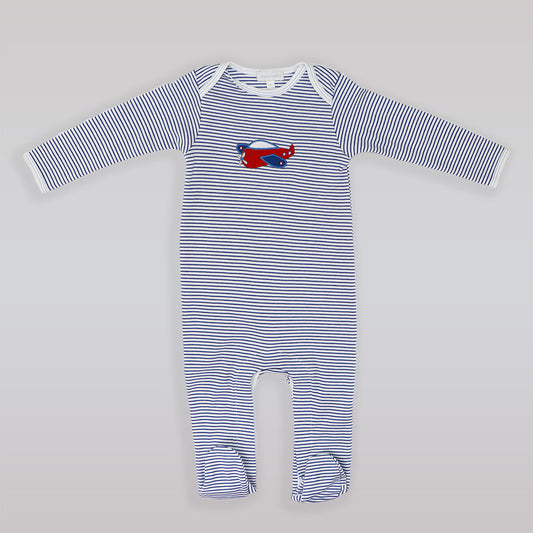 Magnolia Baby Flying A Applique Blue Pima Cotton Footie Romper