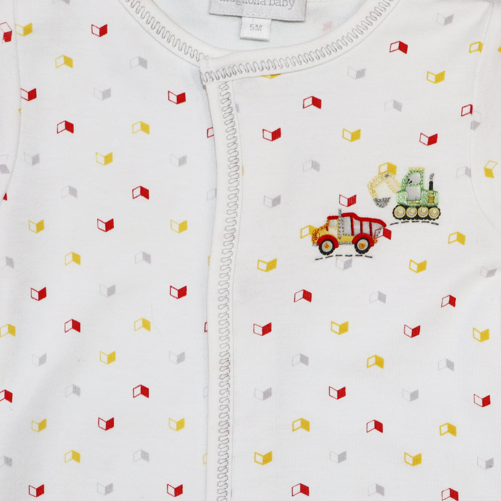 Magnolia Baby Construction Vehicle Print Pima Cotton Zipper Baby Footie