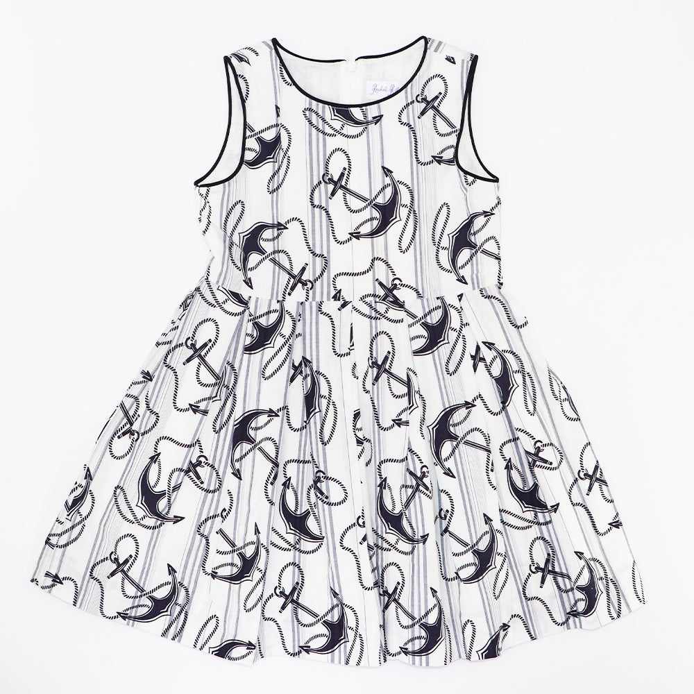 Rachel Riley Girls Ivory and Navy Maxi Anchor Print Dress