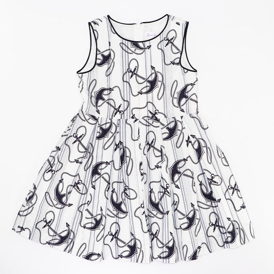 Rachel Riley Girls Ivory and Navy Maxi Anchor Print Dress