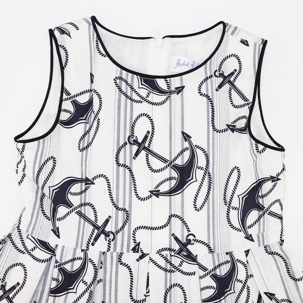 Rachel Riley Girls Ivory and Navy Maxi Anchor Print Dress