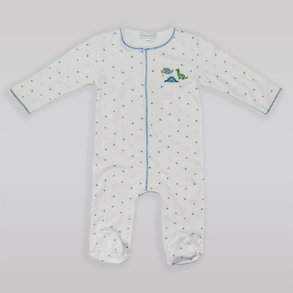 Magnolia Baby Dino Mite Blue Embroidered Pima Cotton Footie