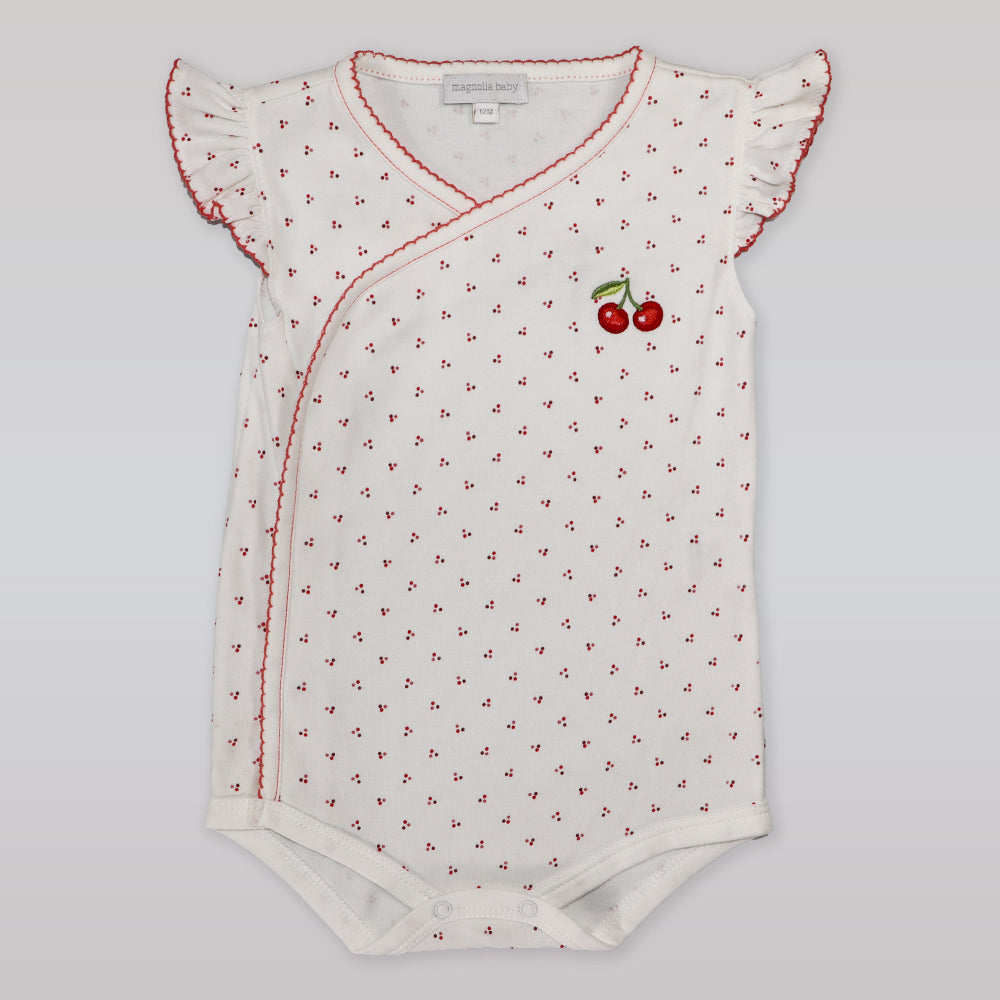 Magnolia Baby Cherry Print Flutter Sleeve Soft Cotton Knit Romper