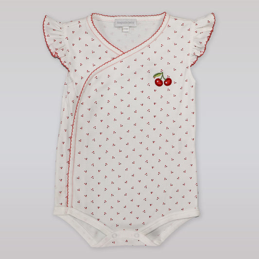 Magnolia Baby Cherry Print Flutter Sleeve Soft Cotton Knit Romper