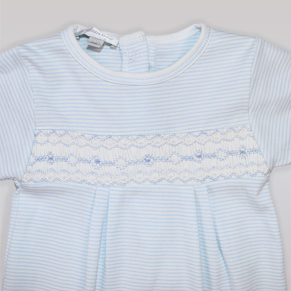 Magnolia Baby Blue Striped Smocked Pima Cotton Baby Footie