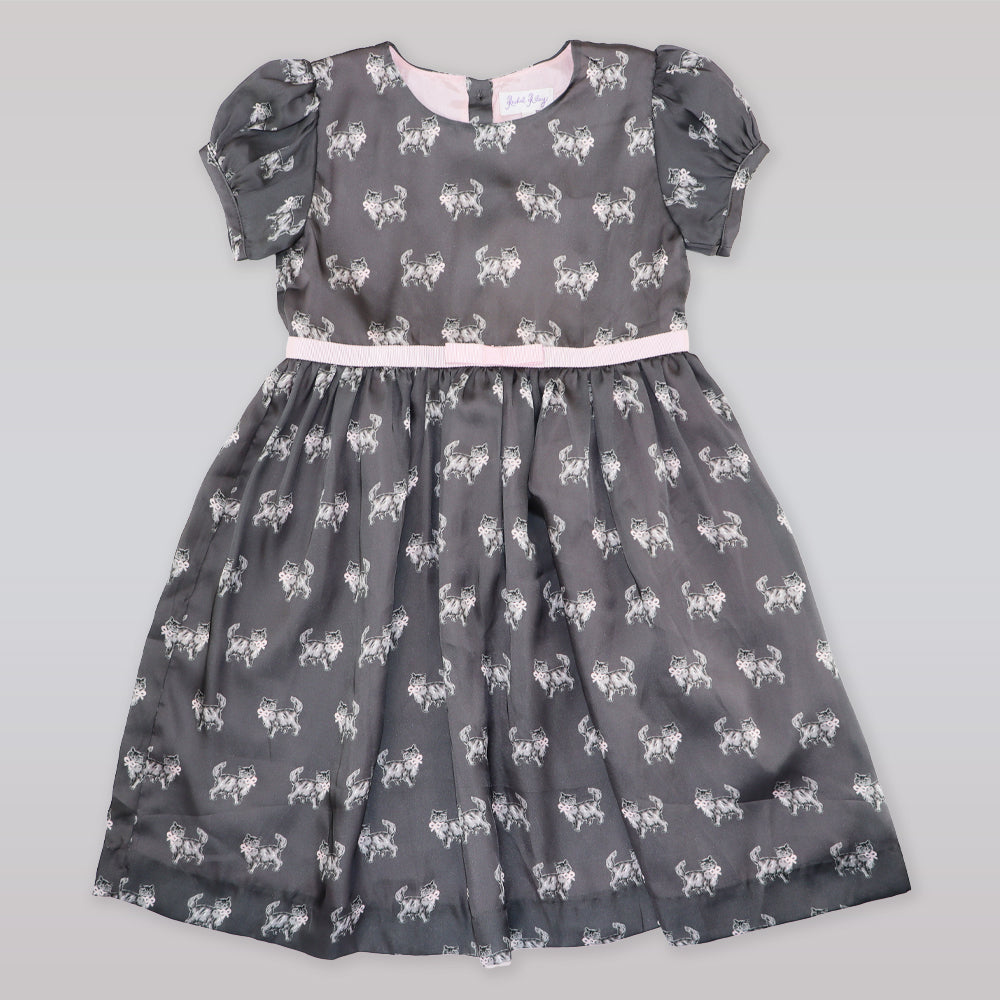 Rachel Riley Girls Grey Pink Cat Print Cotton Party Dress