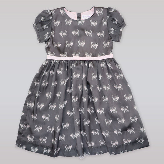 Rachel Riley Girls Grey Pink Cat Print Cotton Party Dress