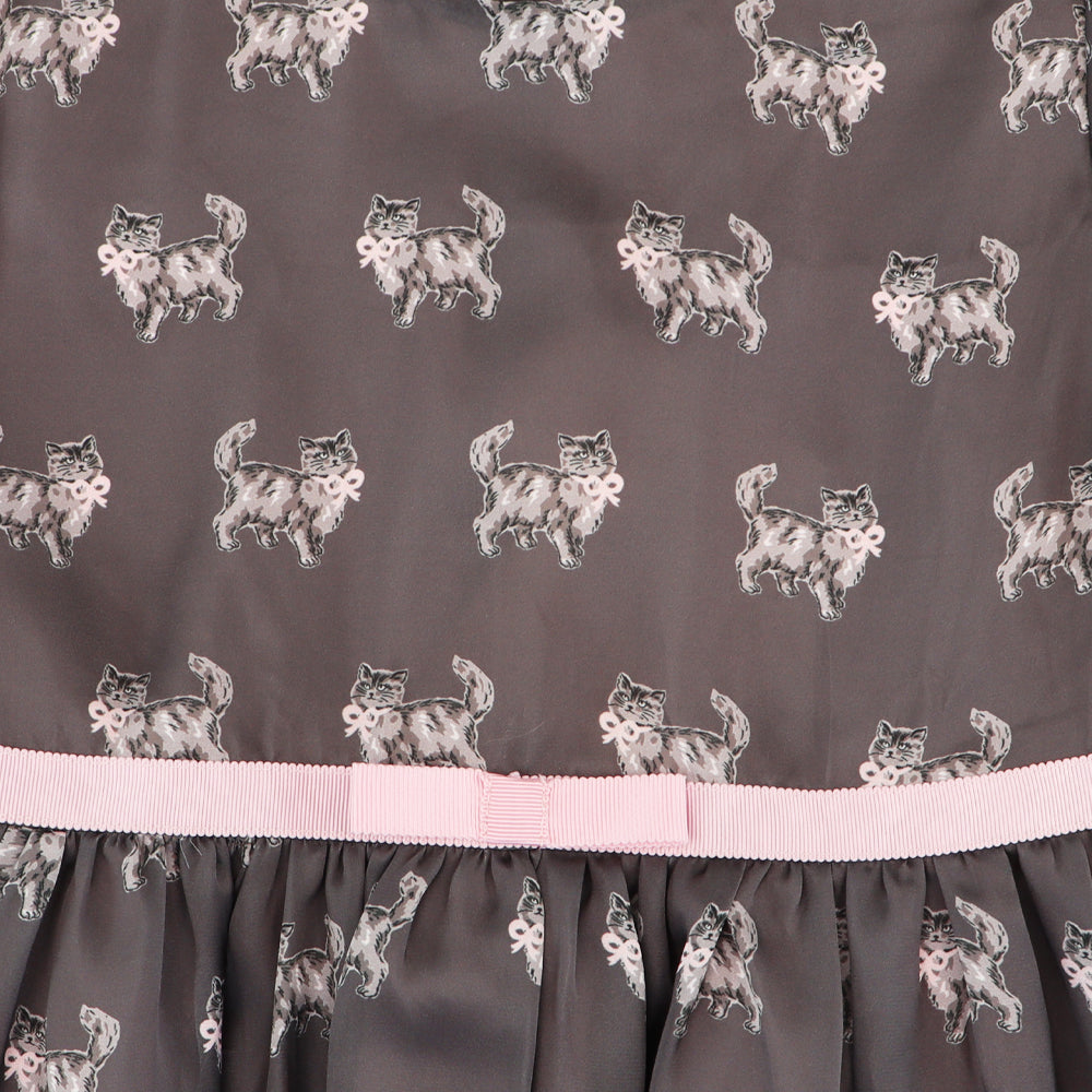 Rachel Riley Girls Grey Pink Cat Print Cotton Party Dress
