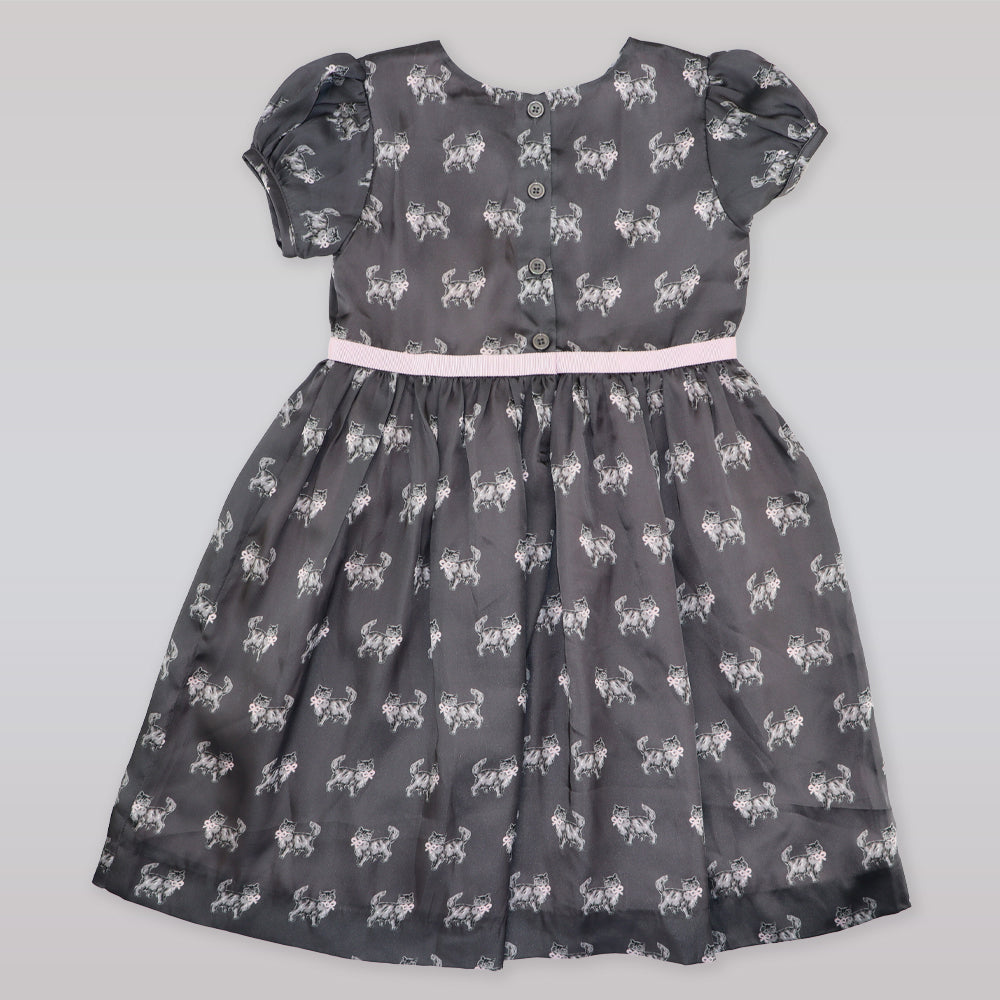 Rachel Riley Girls Grey Pink Cat Print Cotton Party Dress
