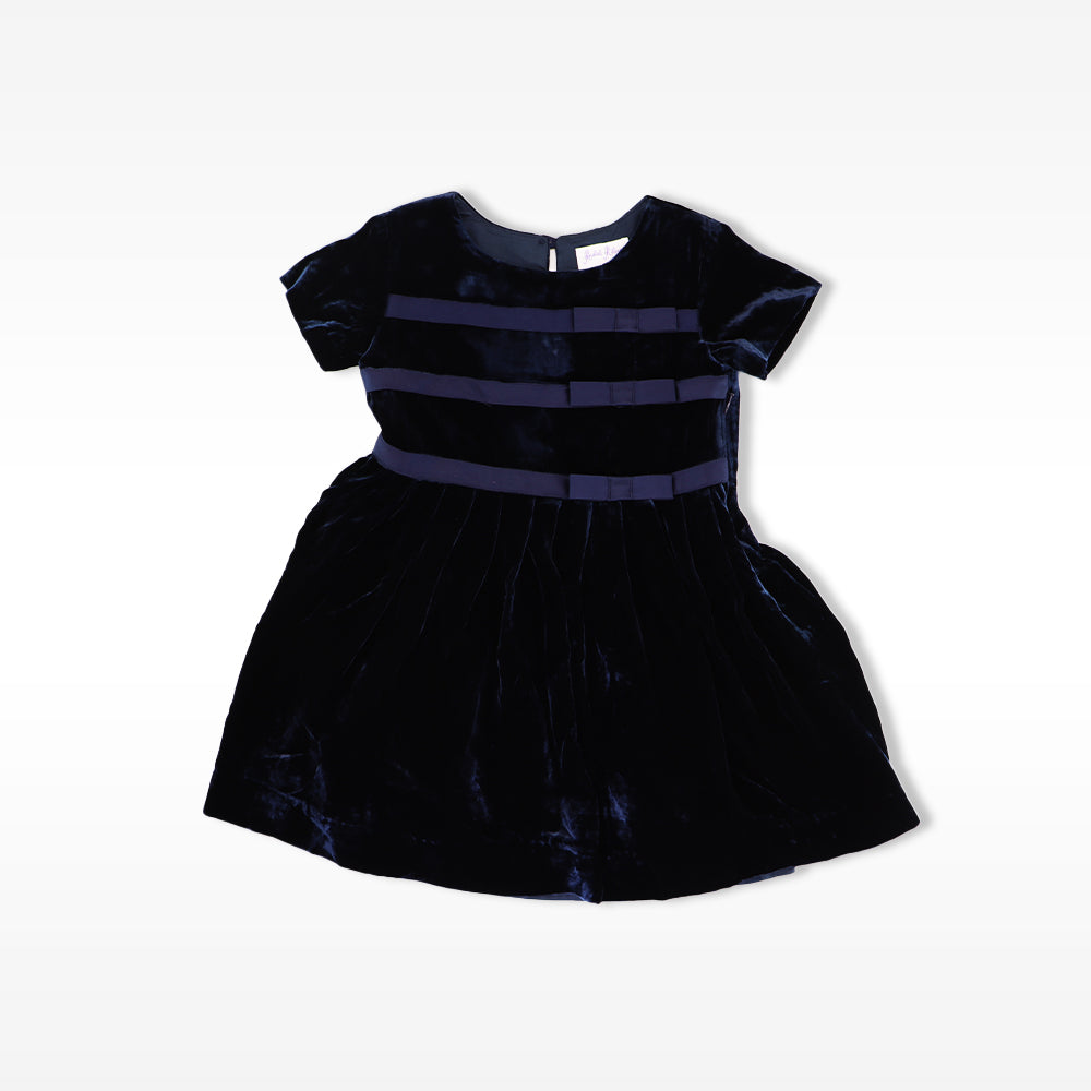 Rachel Riley Girls Navy Blue Velvet Party Dress with Bow