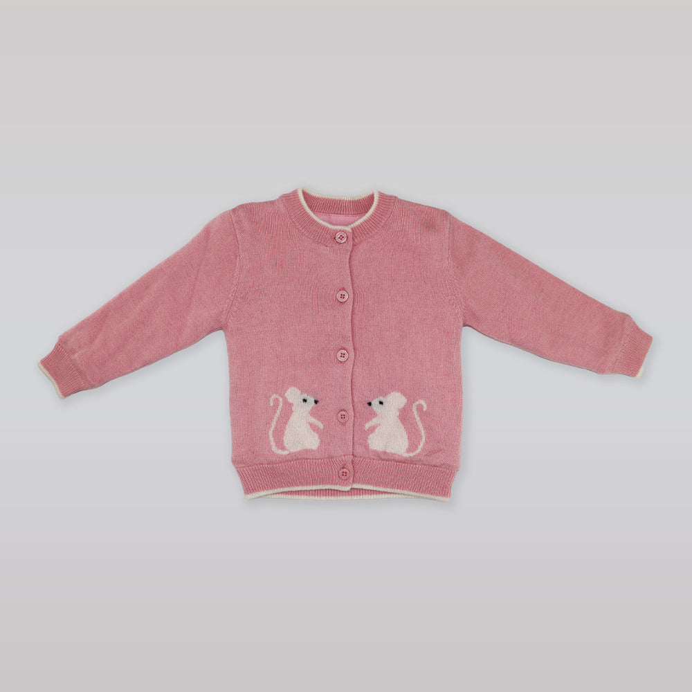 Rachel Riley Pink Ivory Sugar Mice Intarsia Knit Baby Cardigan