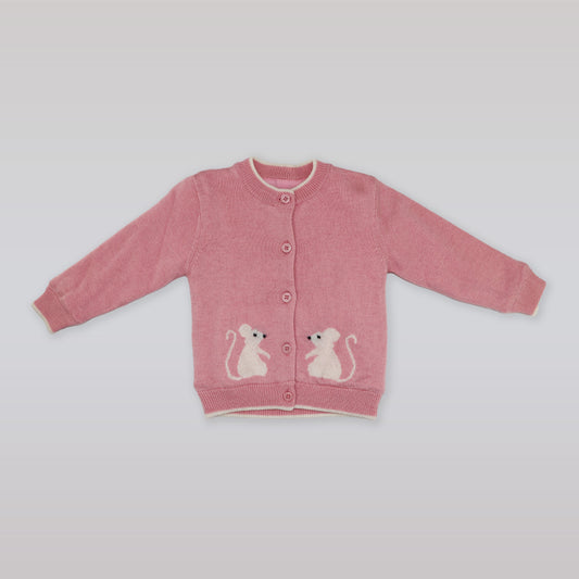 Rachel Riley Pink Ivory Sugar Mice Intarsia Knit Baby Cardigan
