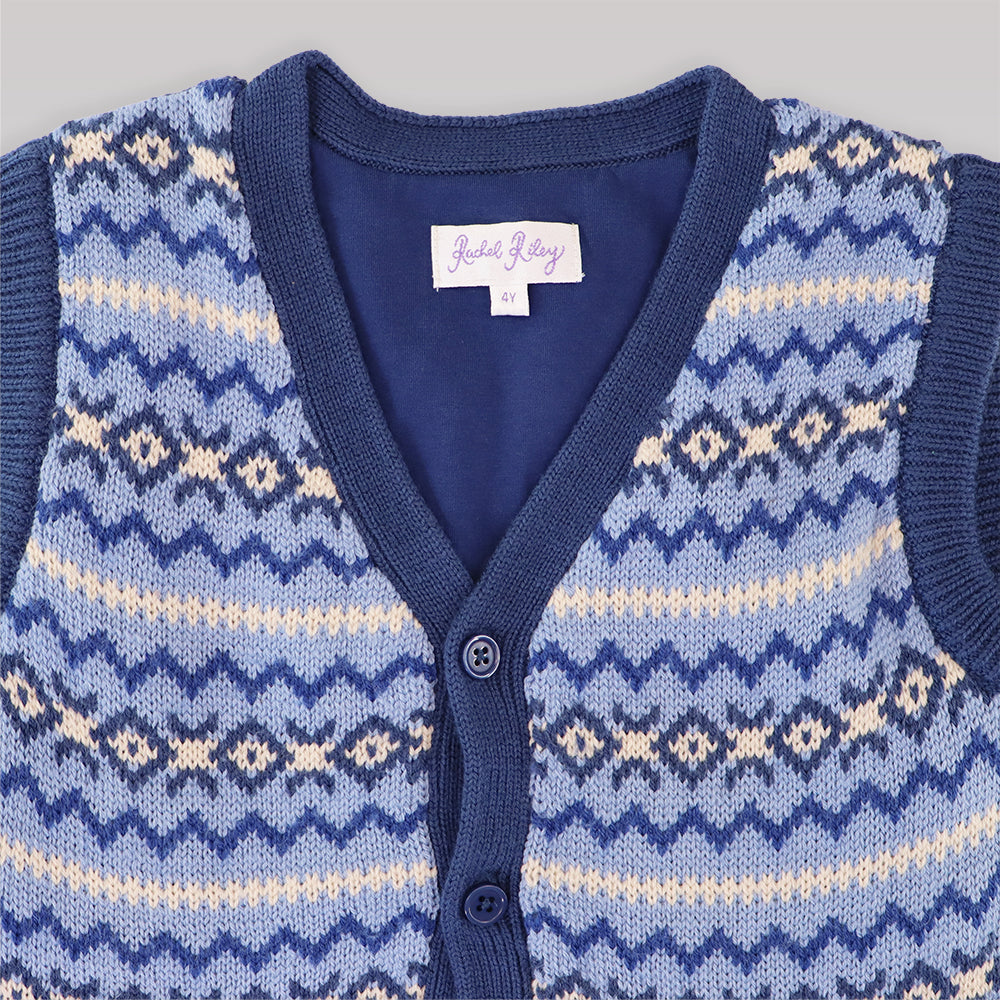 Rachel Riley Boys Blue Fair Isle Knit Waistcoat Vest