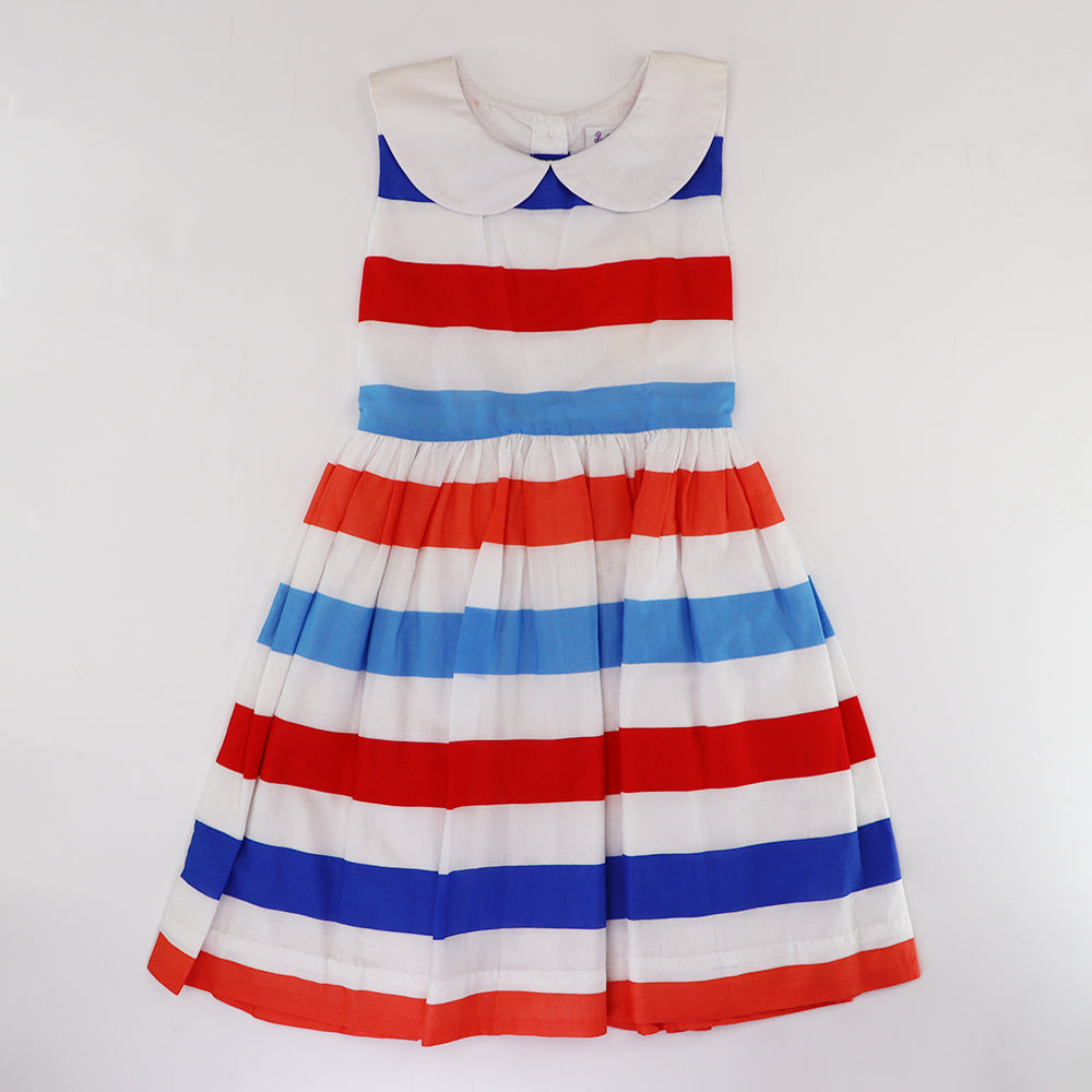 Rachel Riley Girls Blue Stripe Sleeveless Cotton A-Line Party Dress