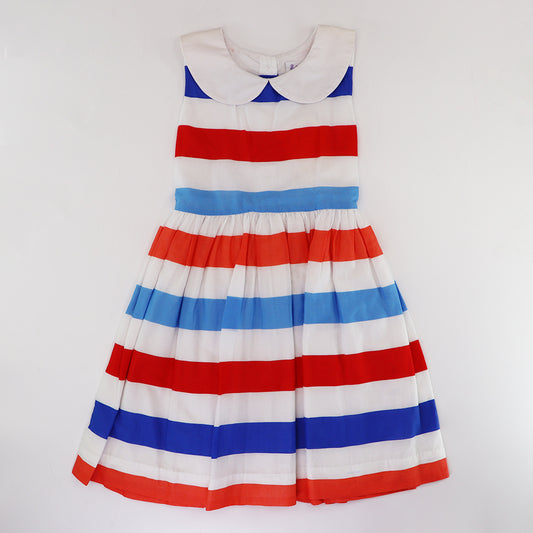 Rachel Riley Girls Blue Stripe Sleeveless Cotton A-Line Party Dress