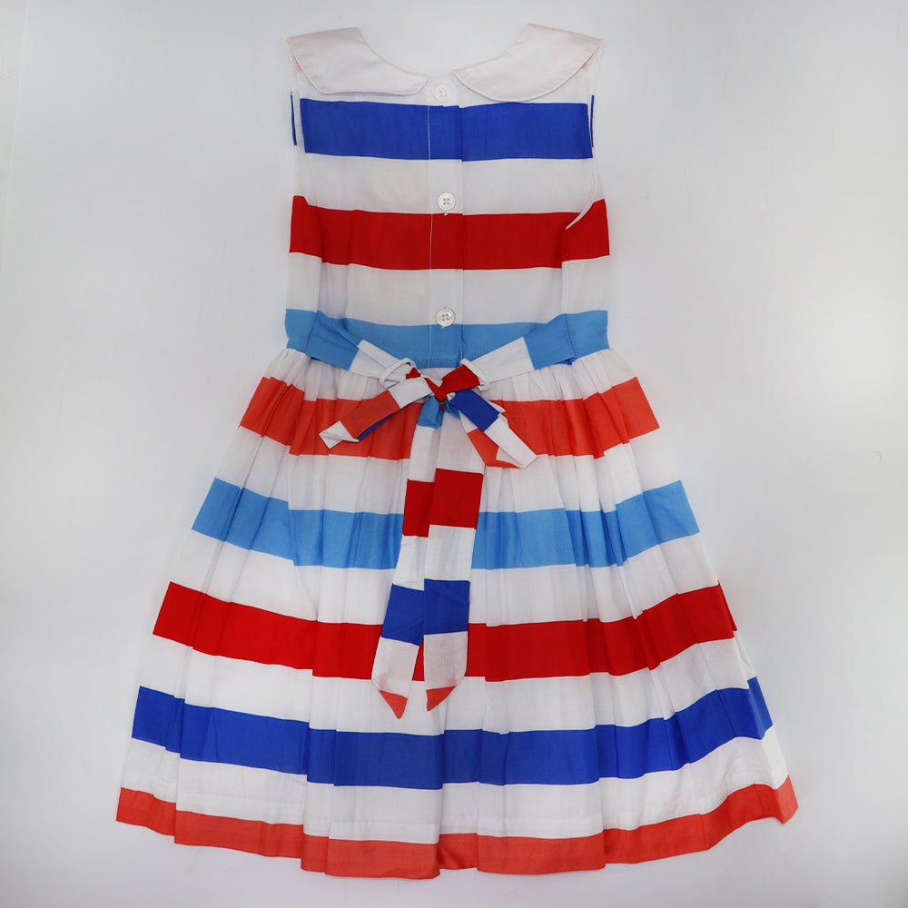 Rachel Riley Girls Blue Stripe Sleeveless Cotton A-Line Party Dress
