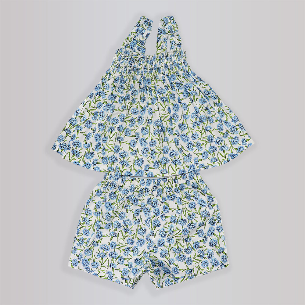 Rachel Riley Girls Blue Carnation Print Cotton Pajama Set