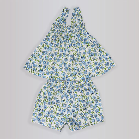 Rachel Riley Girls Blue Carnation Print Cotton Pajama Set