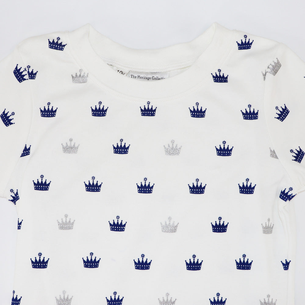 Rachel Riley Crown Print Jersey Pyjamas Ivory and Navy Set