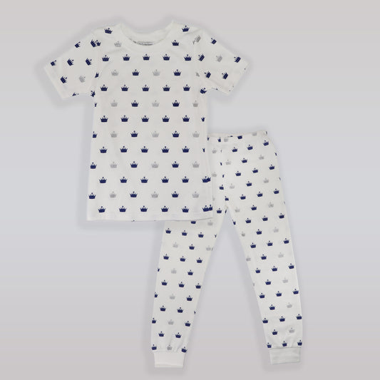 Rachel Riley Crown Print Jersey Pyjamas Ivory and Navy Set