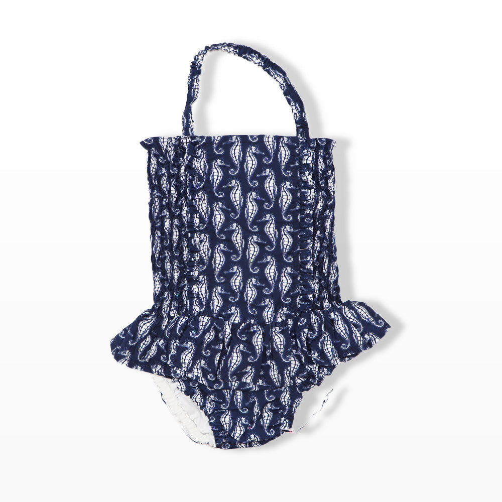 Rachel Riley Girls Seahorse Print Ruched One Piece Swimsuit Navy Ivory