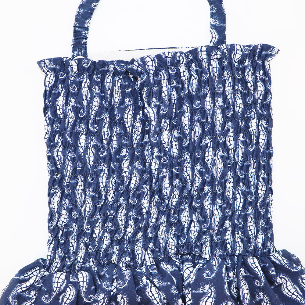 Rachel Riley Girls Seahorse Print Ruched One Piece Swimsuit Navy Ivory