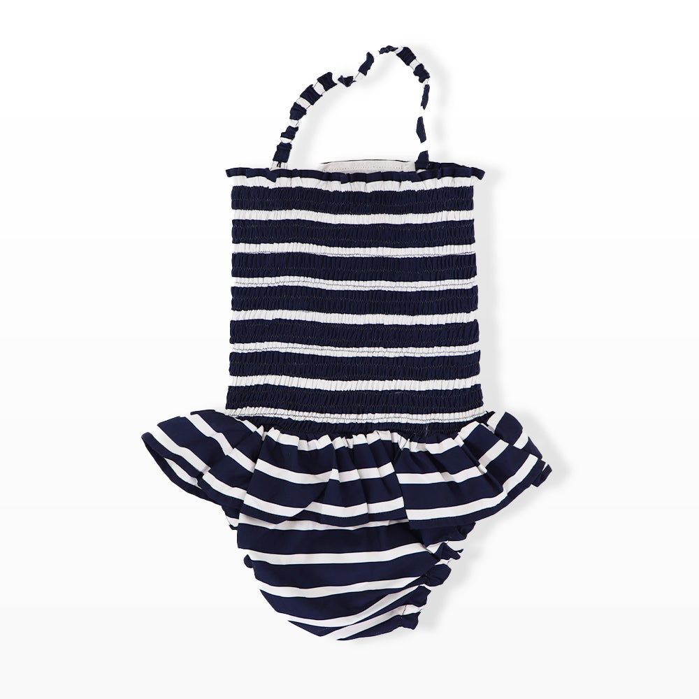 Rachel Riley Girls Navy and Ivory Striped Ruched Swimsuit