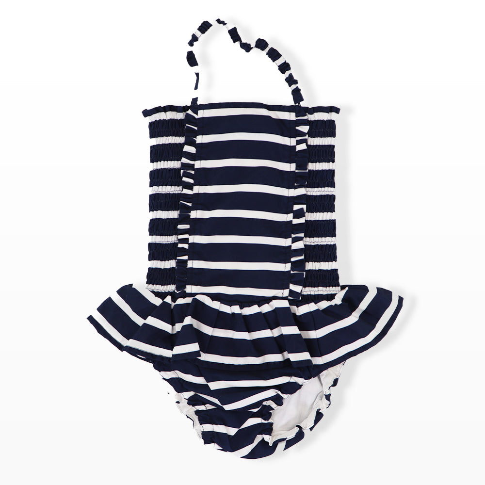 Rachel Riley Girls Navy and Ivory Striped Ruched Swimsuit