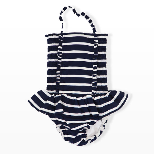 Rachel Riley Girls Navy and Ivory Striped Ruched Swimsuit
