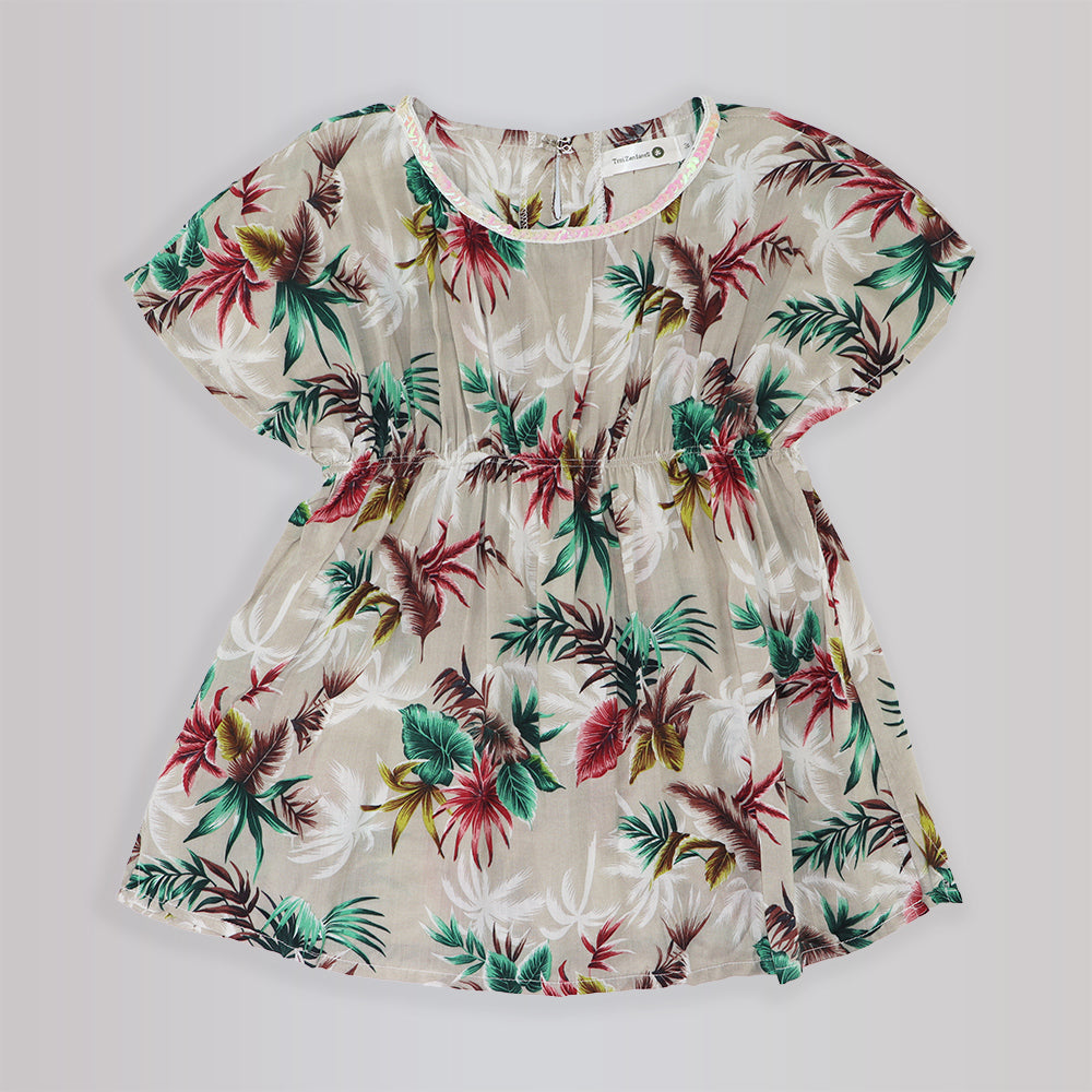 Troi Zenfants Toddler Girls Jade Green Palm Leaf Print Dress