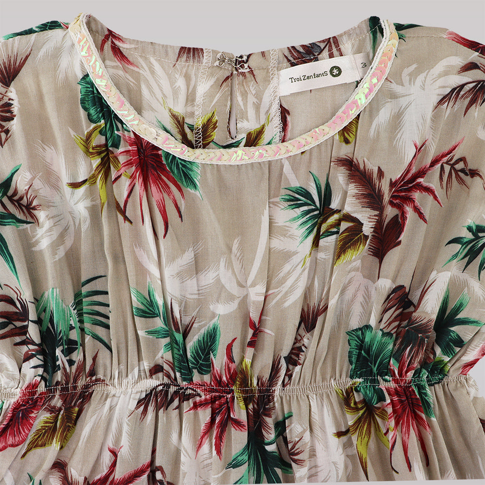 Troi Zenfants Toddler Girls Jade Green Palm Leaf Print Dress