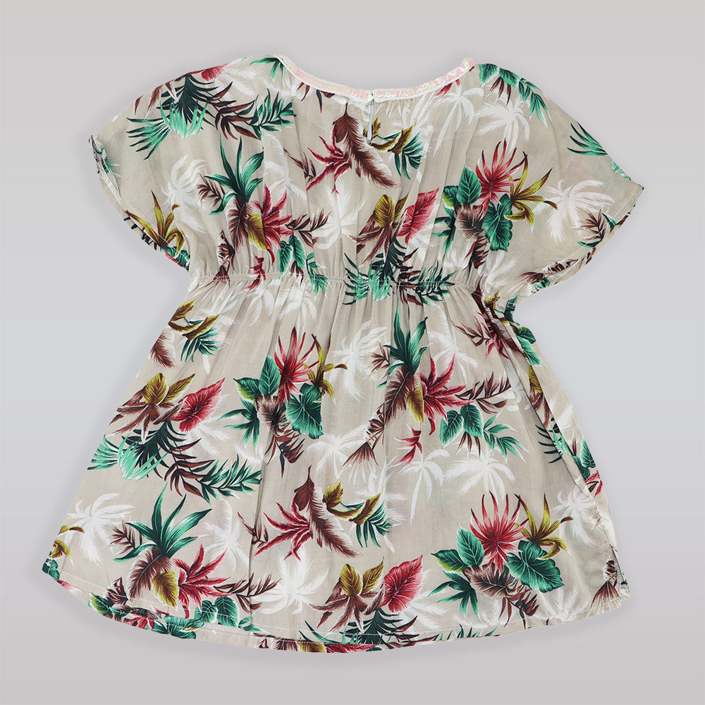 Troi Zenfants Toddler Girls Jade Green Palm Leaf Print Dress