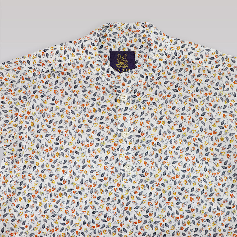 Unruly Blue Boys Orange Leaves Print Cotton Long Sleeve Shirt