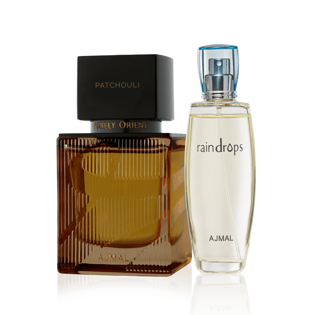 Ajmal Serene Set Premium Unisex Perfume Duo Earthy Patchouli Raindrops